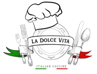 Logo for "La Dolce Vita" Italian cuisine: chef hat, plate, fork, knife, spoon, Italian flag ribbons.