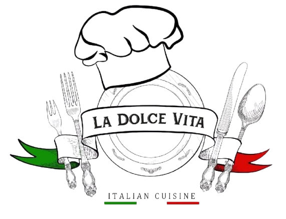 Logo for "La Dolce Vita" Italian cuisine: chef hat, plate, fork, knife, spoon, Italian flag ribbons.