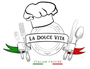 Logo for "La Dolce Vita" Italian cuisine: chef hat, plate, fork, knife, spoon, Italian flag ribbons.