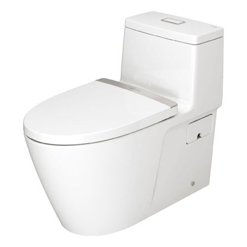 White, one-piece, elongated toilet with a soft-closing seat in a bathroom setting.
