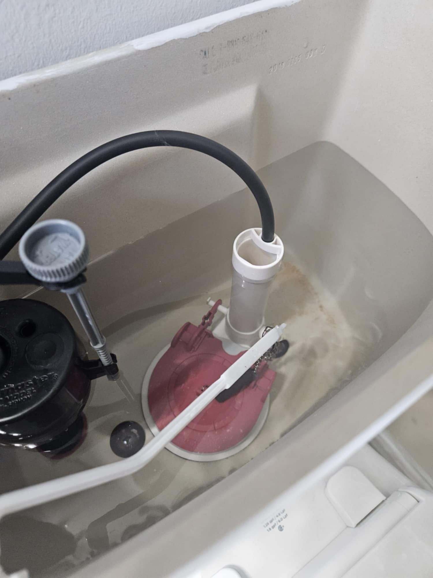 Toilet tank interior with red flapper, black fill tube, and water.
