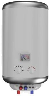 Vertical water heater with silver top and bottom. Has temperature gauge and knobs for control. Red and blue water pipes.