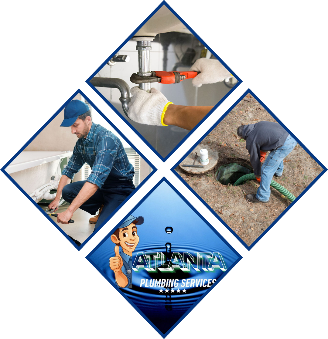 Plumbing services montage: plumber working on pipes, sink, septic tank. Blue, white, and brown tones.