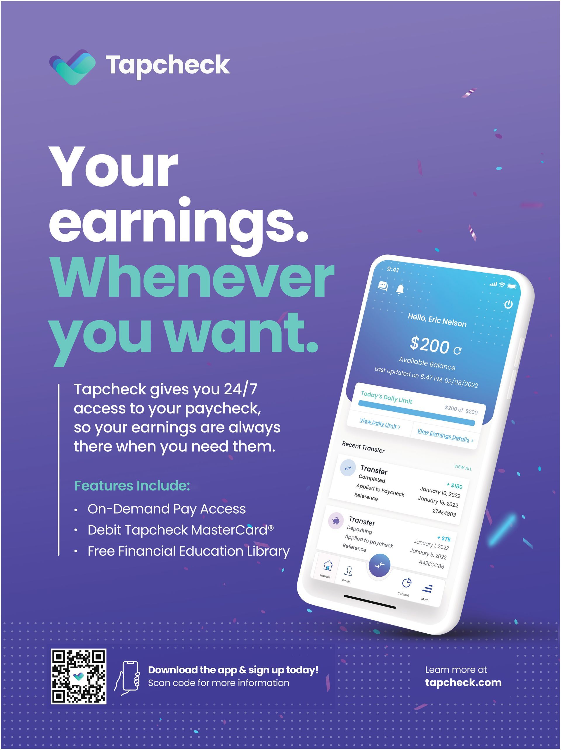 Tapcheck advertisement: Smartphone displaying earnings, purple background, text 