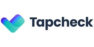 Tapcheck logo: abstract design with layers of blue and teal, with dark blue text “Tapcheck”.