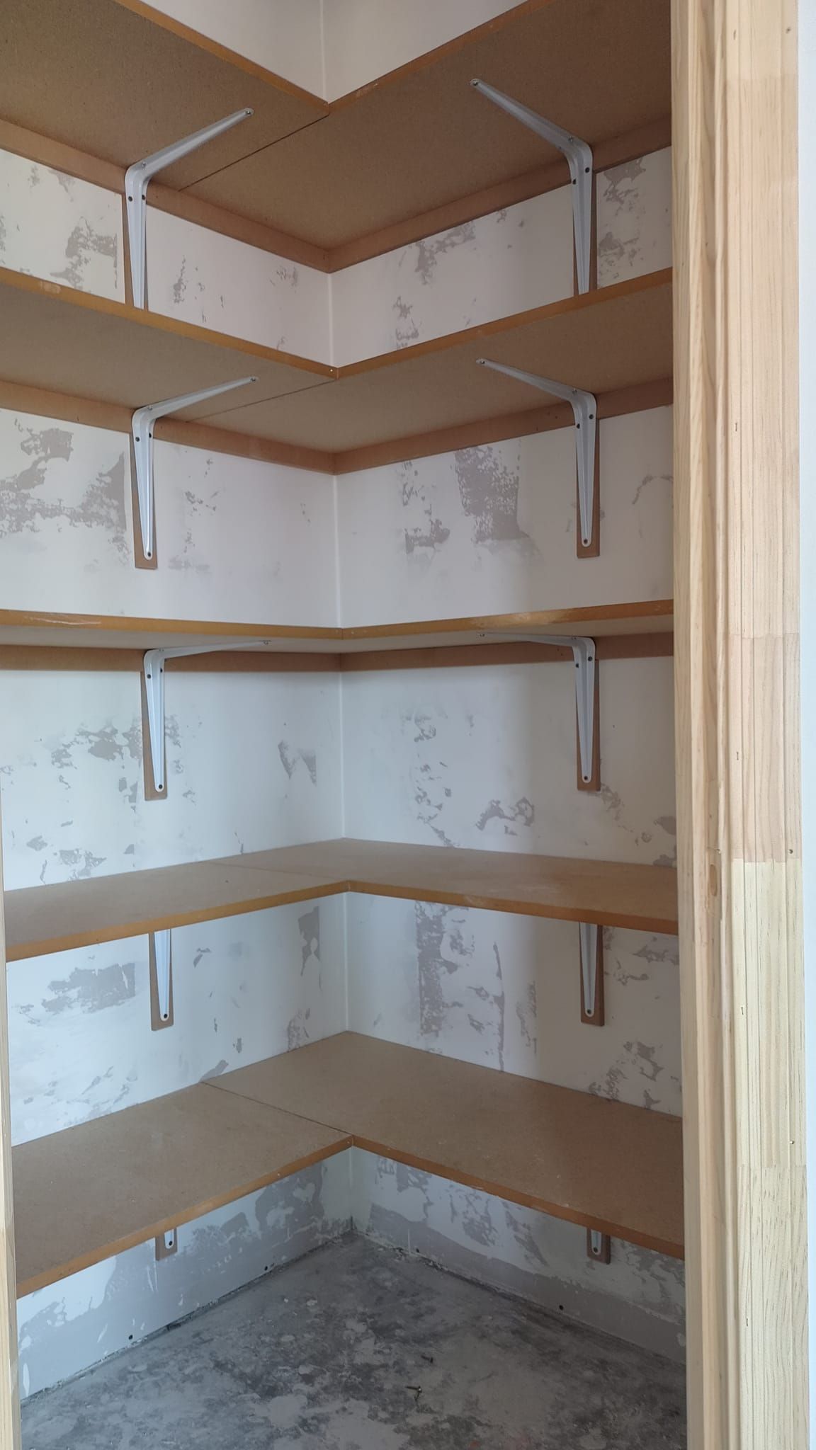 A corner of a room with shelves and a door.