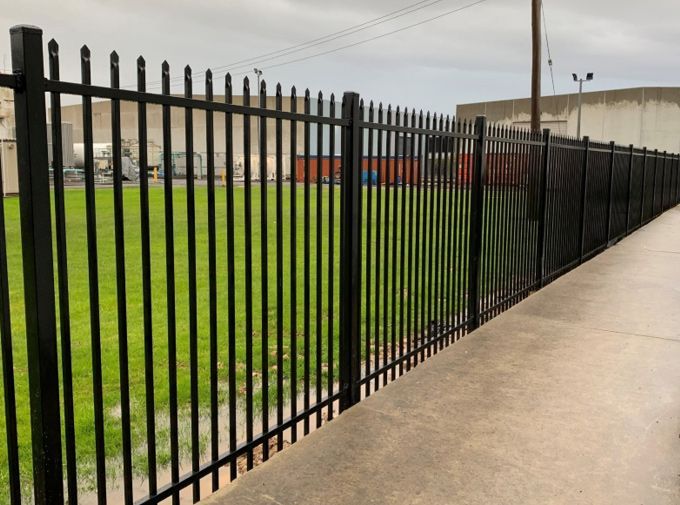 A Black Metal Fence Surrounds a Grassy Field Next to a Sidewalk — Rearden Fencing Pty Ltd in Toronto, NSW