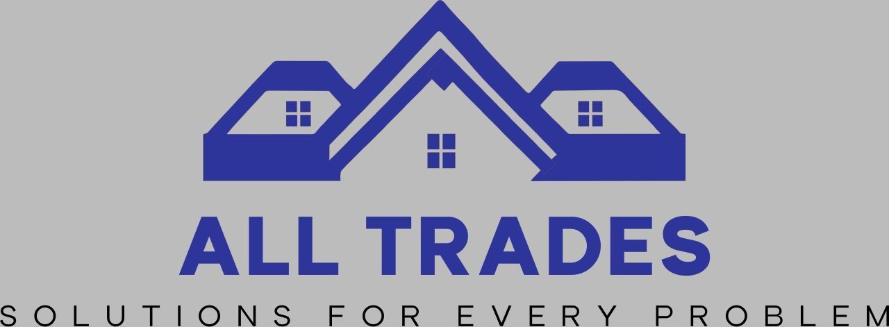 Logo for "All Trades," featuring blue stylized houses, and the tagline "Solutions for Every Problem."