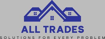 Logo for "All Trades," featuring blue stylized houses, and the tagline "Solutions for Every Problem."