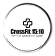 Logo for CrossFit 15:10, a fitness center with a cross symbol and the text, "BY THE GRACE OF GOD", in a black circle.