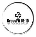 Logo for CrossFit 15:10, a fitness center with a cross symbol and the text, "BY THE GRACE OF GOD", in a black circle.