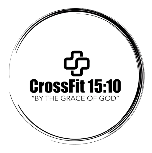 Logo for CrossFit 15:10, a fitness center with a cross symbol and the text, "BY THE GRACE OF GOD", in a black circle.