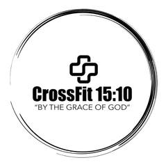 Logo for CrossFit 15:10, a fitness center with a cross symbol and the text, "BY THE GRACE OF GOD", in a black circle.