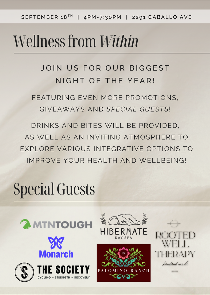 Wellness event flyer: September 18th, 1pm-7pm, at 6683 Caballo Ave. Featuring promotions, giveaways, special guests, drinks and bites.