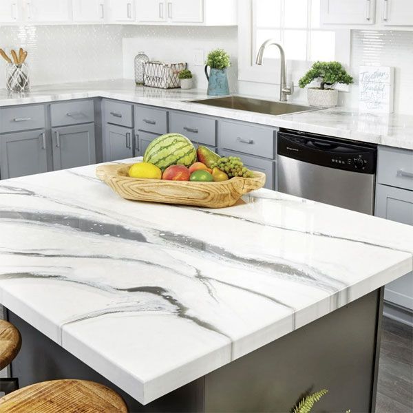 A kitchen counter with a bowl of fruit on it