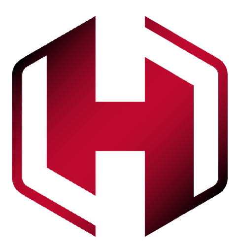 A red hexagon with a letter h inside of it on a white background.