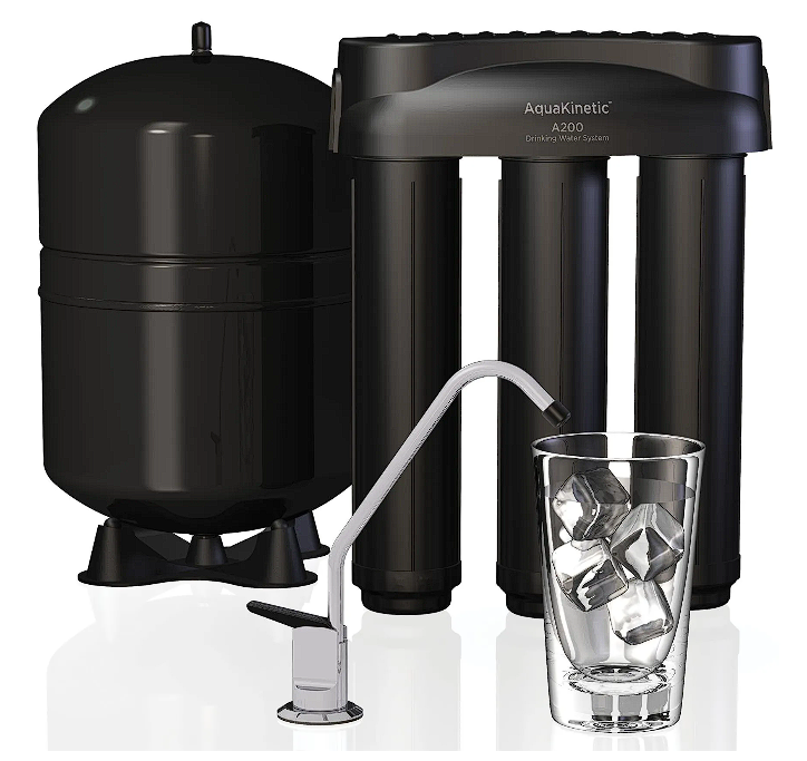 Black water filtration system with faucet and glass of ice.