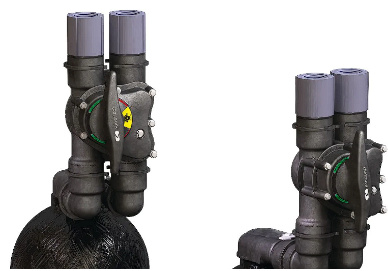 Two black water filter valves with gray handles and pipe attachments.