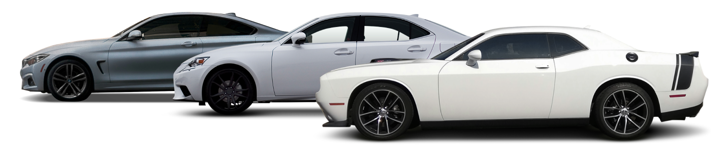 Three sports cars in gray, silver, and white parked in a row against a white background