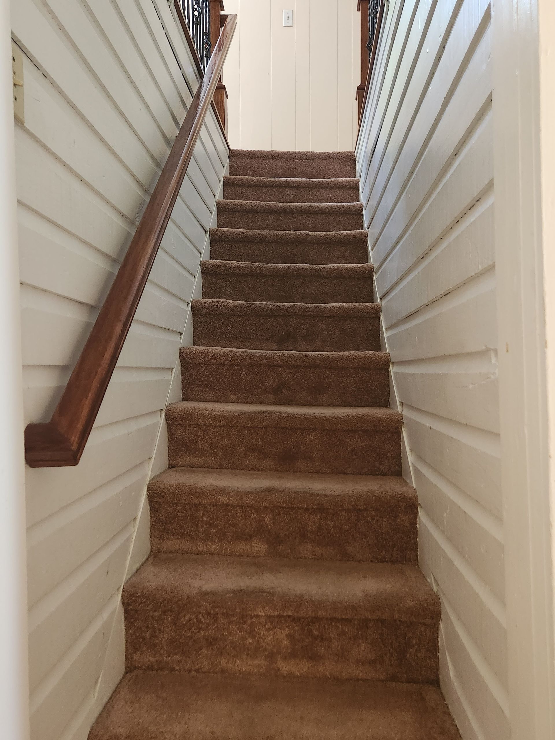 Staircase with brown carpet and wooden handrail against white paneled walls.