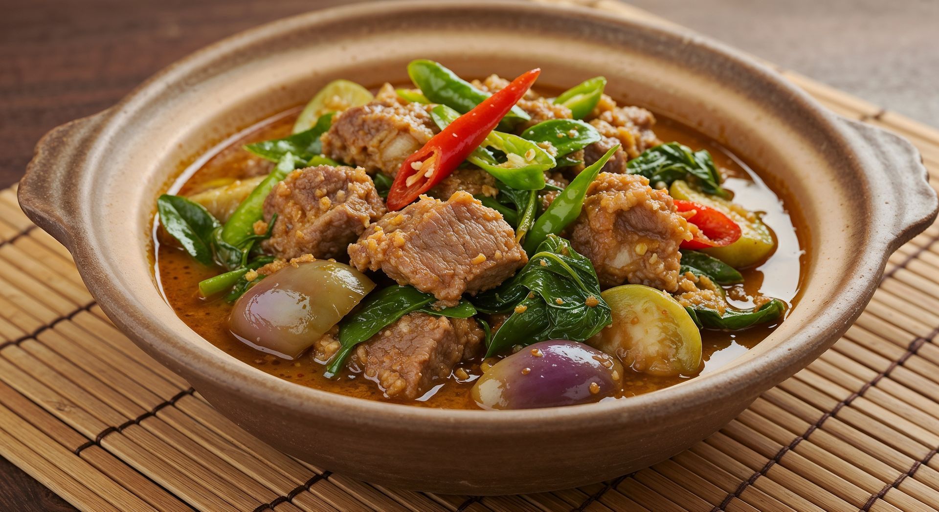 Stew with meat, eggplant, green peppers, and red chili in a brown clay pot on a bamboo mat.
