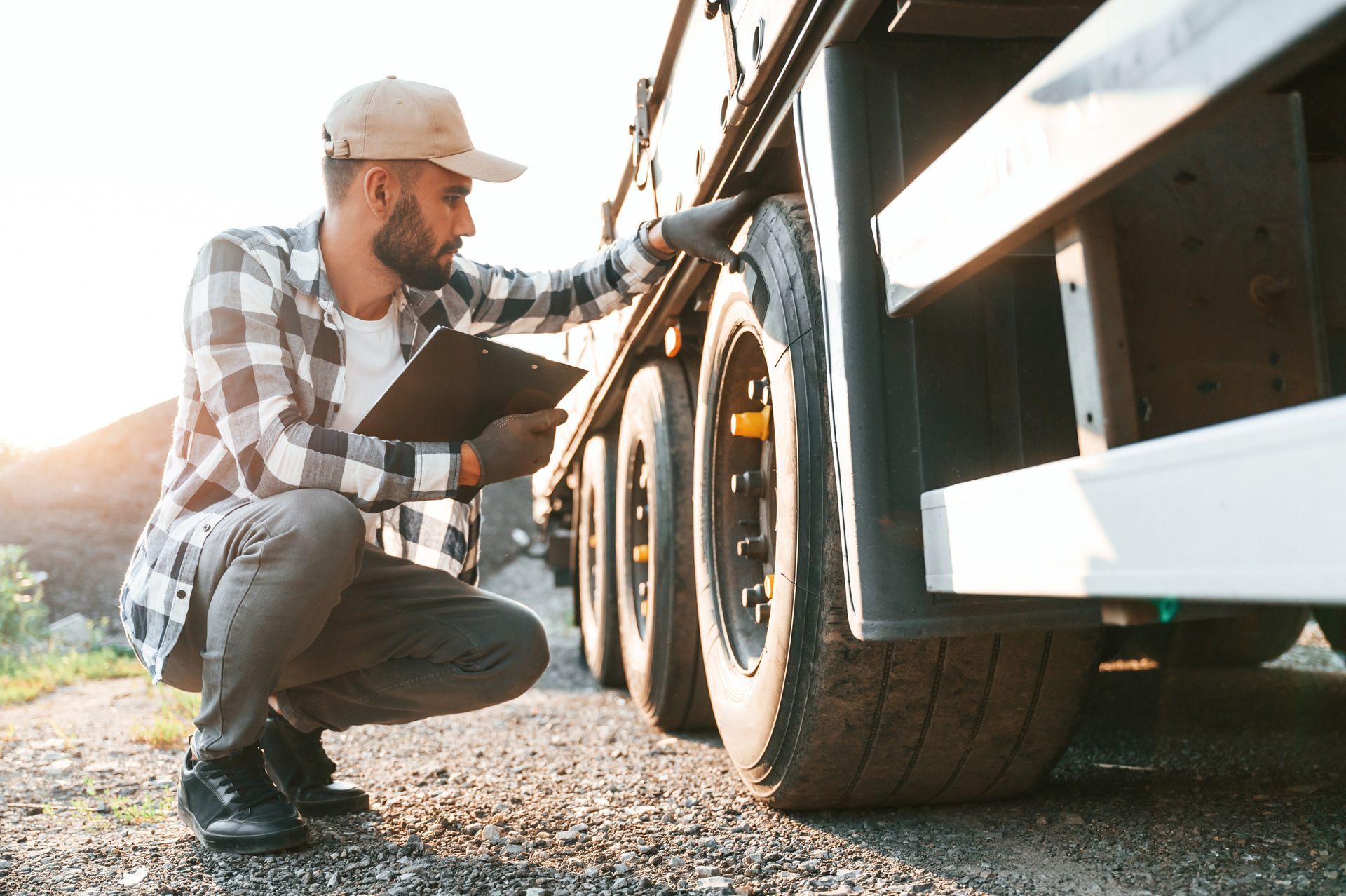A mechanic knelt down and worked with the wheels of a heavy load truck while holding a clipboard.