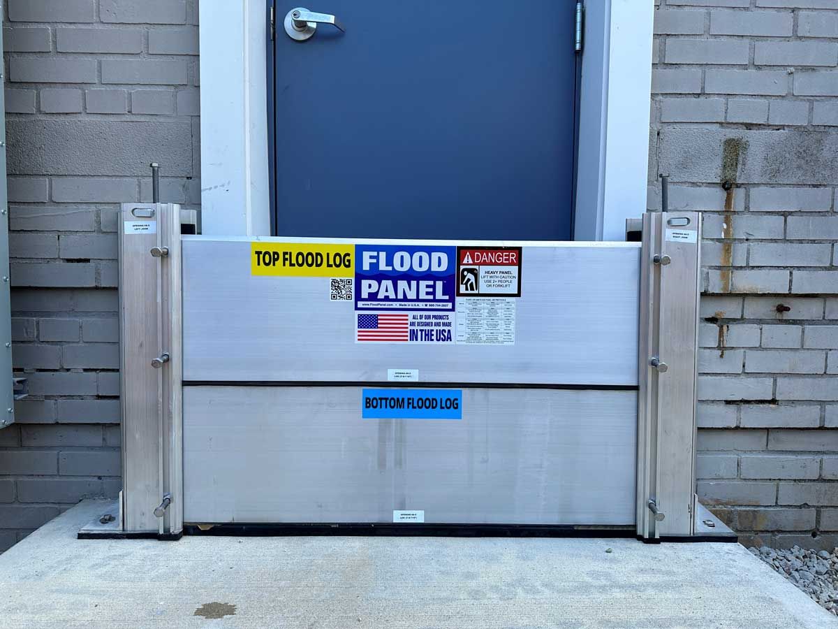 A flood panel is sitting in front of a door
