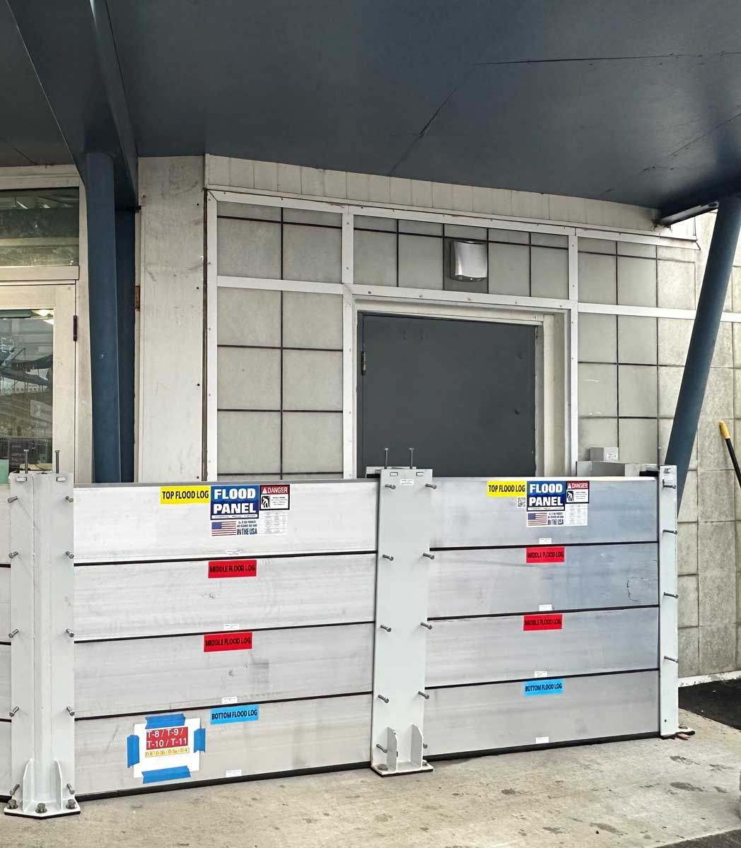 A building with a flood barrier in front of it