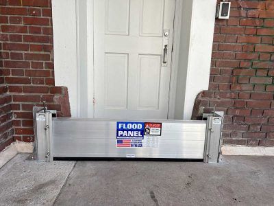 A flood panel is sitting in front of a door