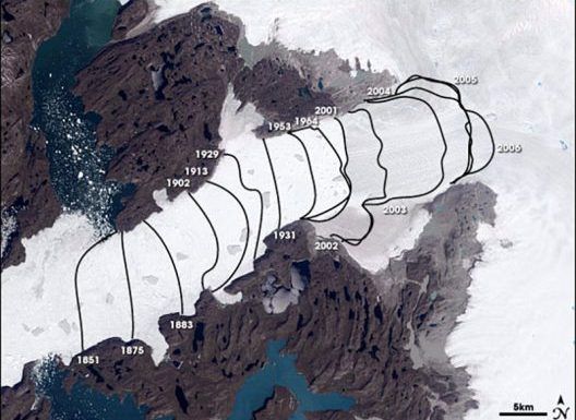 A satellite image of a glacier in the arctic