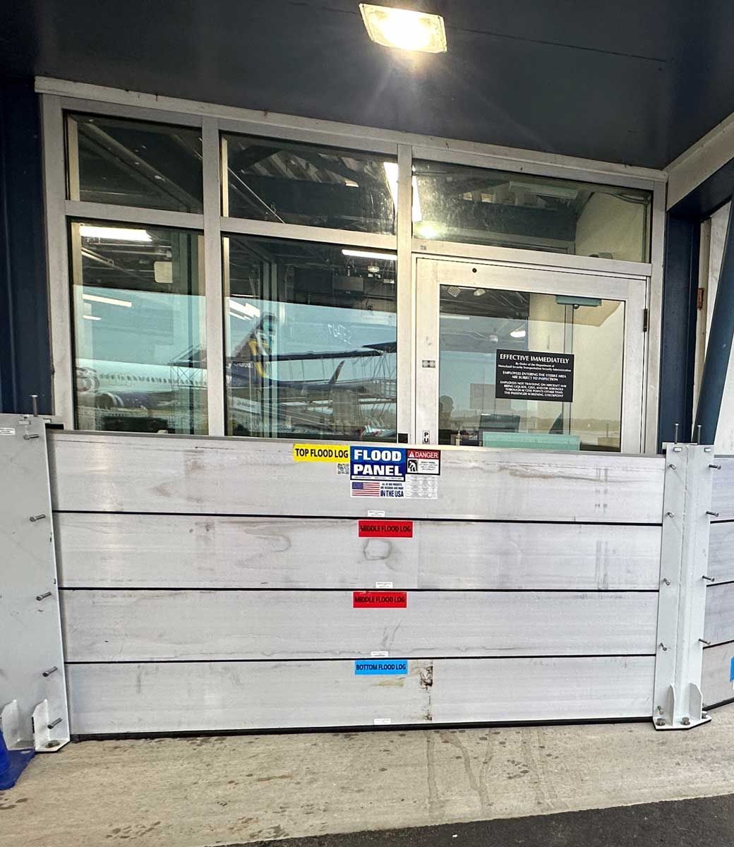 A building with a flood barrier in front of it.