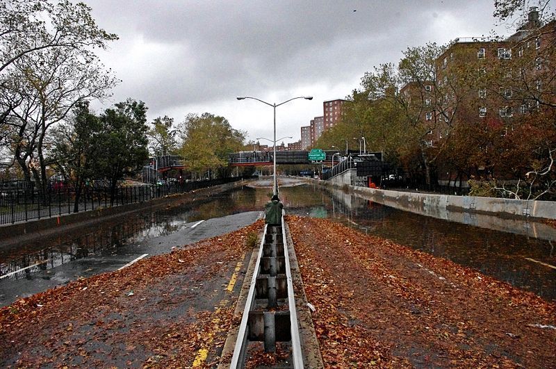 A person is standing on a bridge over a flooded river.