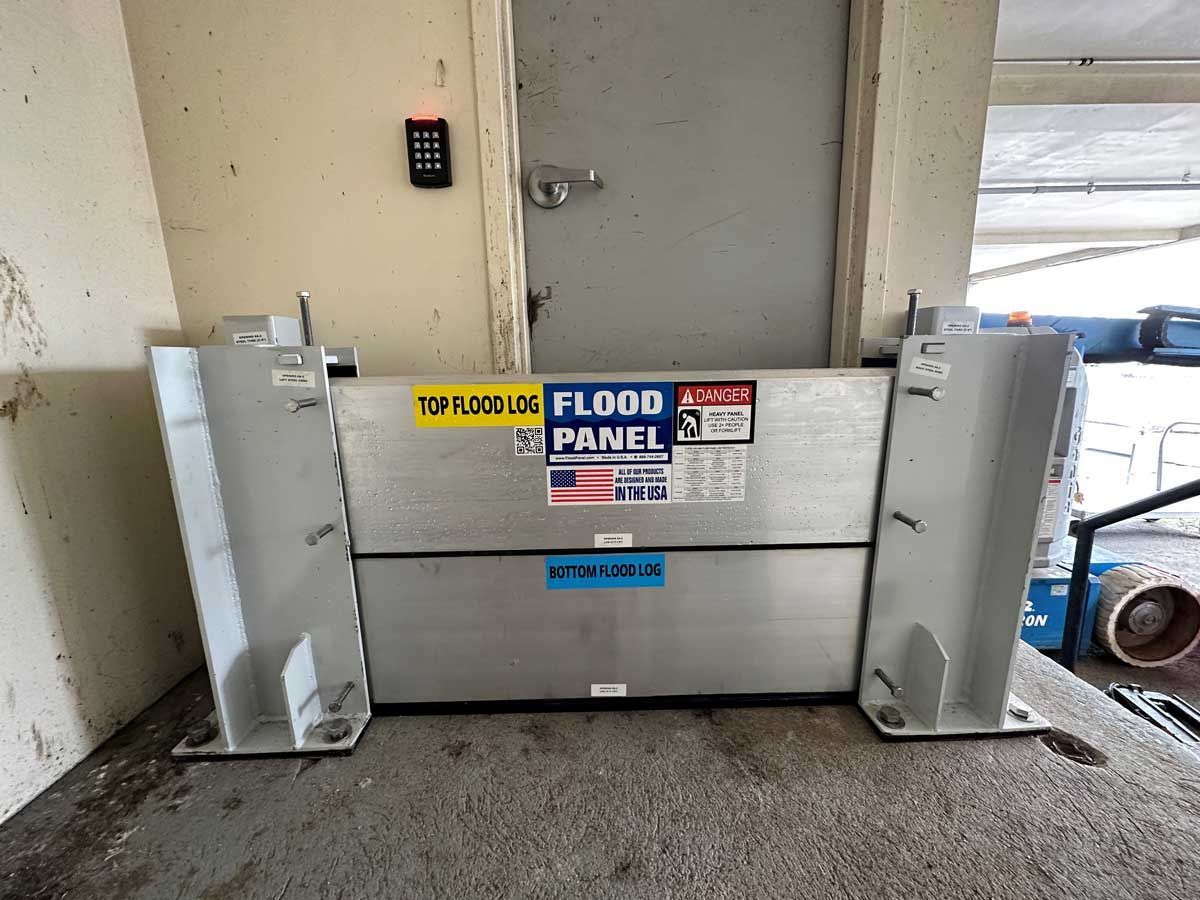 A flood panel is sitting in front of a door in a room.