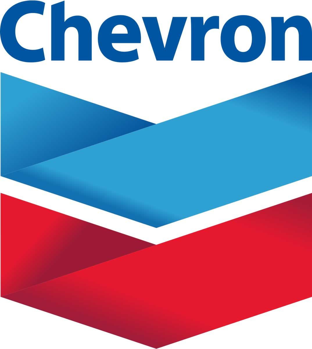 A blue and red chevron logo on a white background