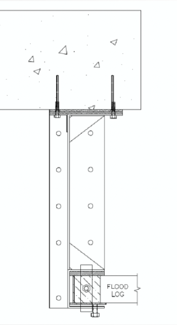 A black and white drawing of a door with a flood log.