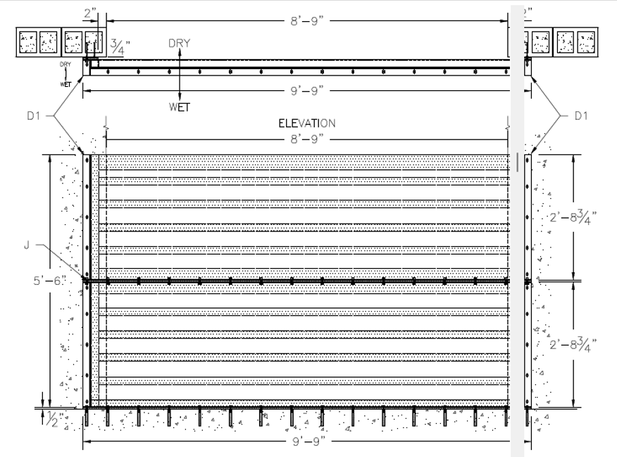 A black and white drawing of a building with measurements.