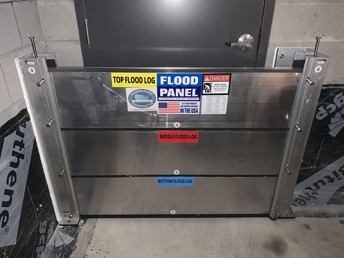A flood panel is sitting in front of a door.