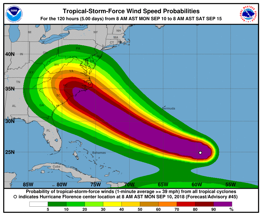 A map showing the tropical storm force wind speed probabilities