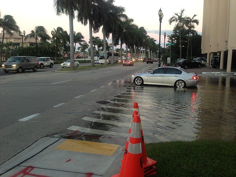 A white car is driving through a flooded street