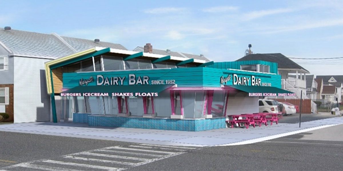 An artist 's impression of a dairy bar in a small town