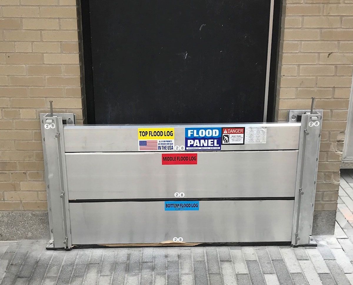 A flood panel is sitting in front of a door