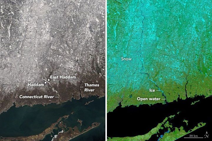 A satellite image of a snowy area and a satellite image of an open water area