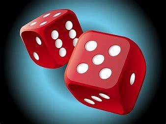 Two red dice with white dots on a blue background