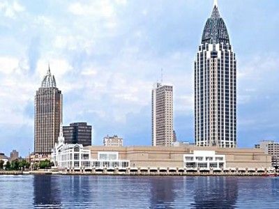 A city skyline with a large body of water in the foreground