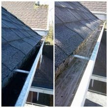a before and after picture of a gutter cleaning on a roof .