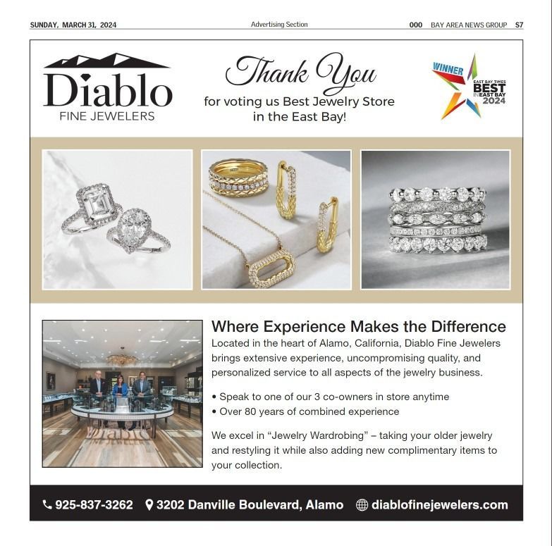 Advertisement for Diablo Fine Jewelers, thanking customers for voting them Best Jewelry Store in the East Bay; features jewelry and store interior.