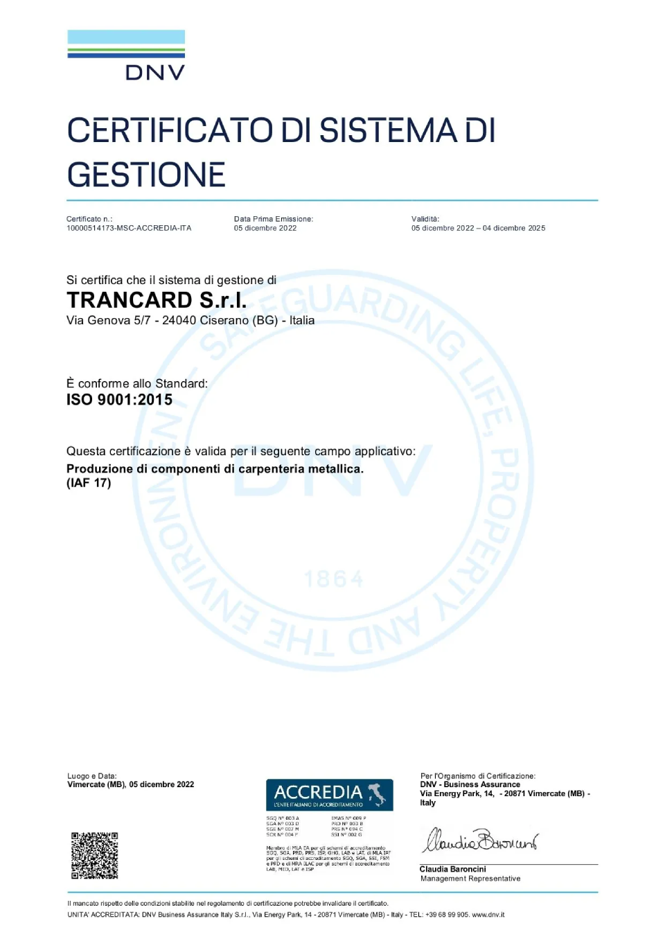Certificato sistema di gestione in italiano
