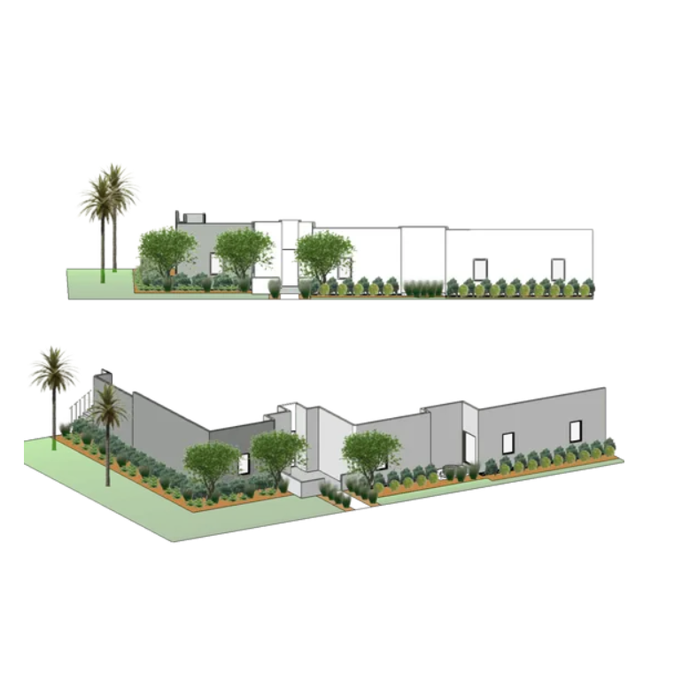 Architectural rendering of a modern, low-slung building with landscaping and palm trees, shown in two views: elevation and isometric.