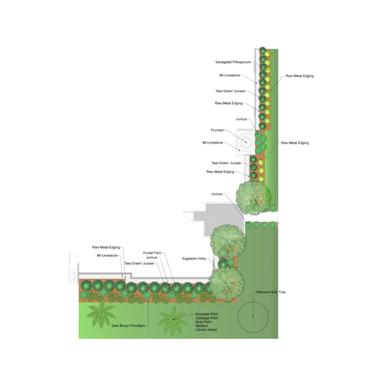 A landscape design plan showing a garden layout with trees, shrubs, and various ground cover types, color-coded for different elements.
