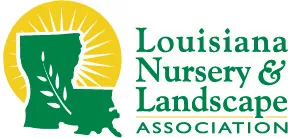 Logo of the Louisiana Nursery & Landscape Association. Features a green outline of Louisiana with a plant image, set against a yellow sunburst.